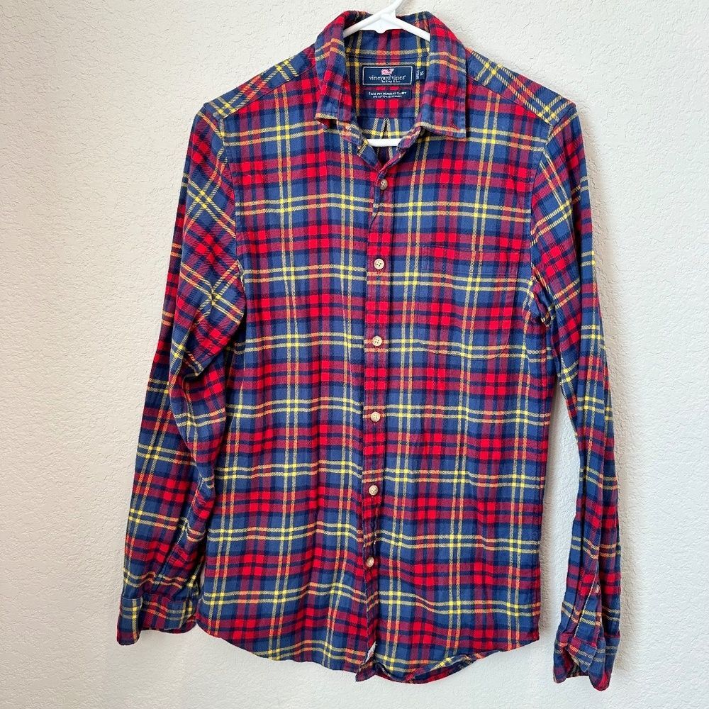 Men’s Vineyard Vines Red Blue Slim Fit Murray Button Front Flannel Shirt - XS